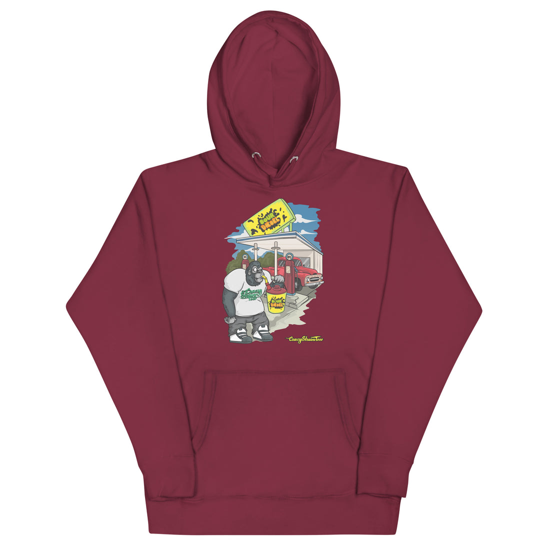 Sour Diesel strain hoodie in maroon, front view