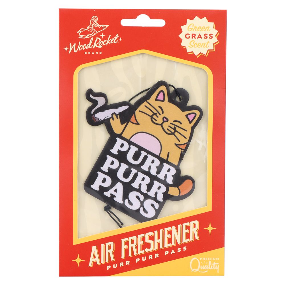 Wood Rocket Car Air Freshener - Purr Purr Pass / Grass Scent / 3.5&quot;x3.5&quot;